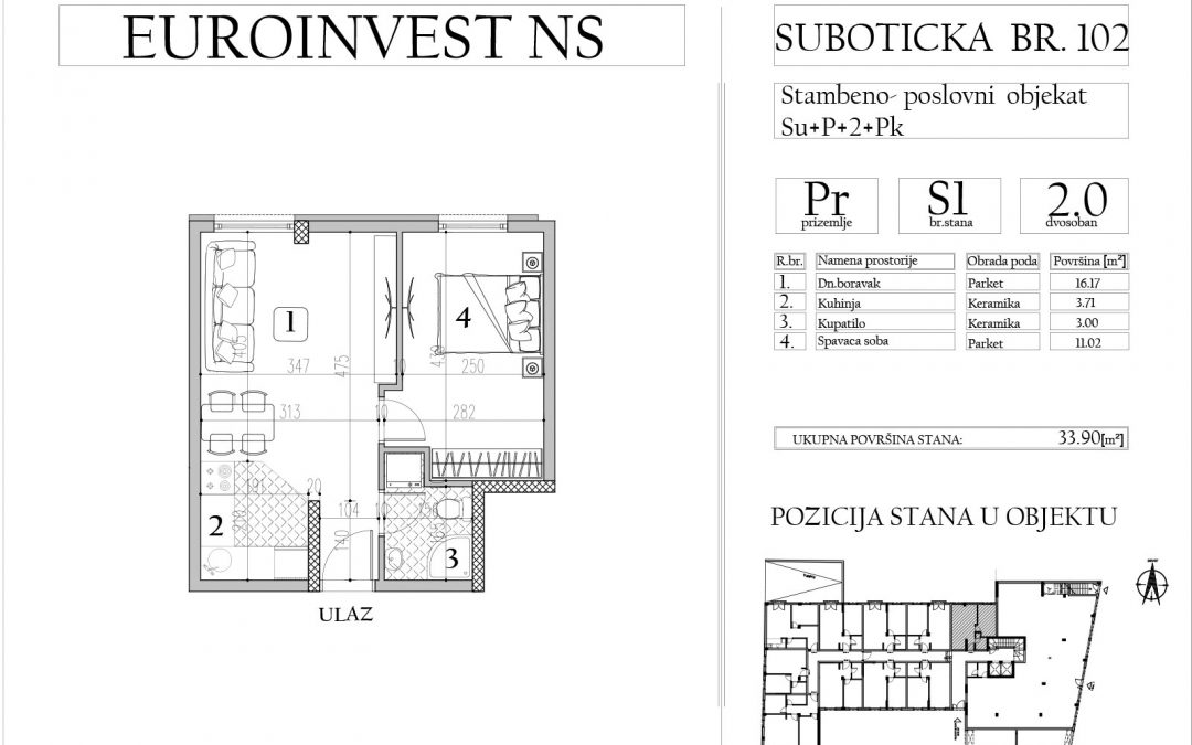 Stan 1 – dvosoban, 33,90m2 – cena 1.750,00-EURA/m2 sa uračunatim PDV-om