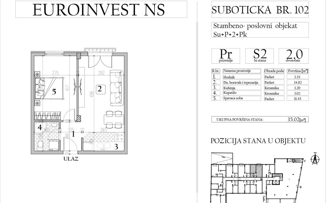 Stan 2 – dvosoban, 35,02m2 – cena 1.800,00-EURA/m2 sa uračunatim PDV-om