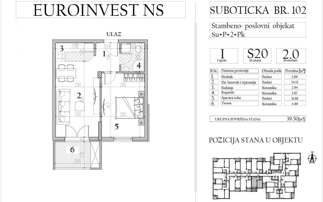 Stan 20 – dvosoban, 39,50m2 – cena 1.750,00-EURA/m2 sa uračunatim PDV-om