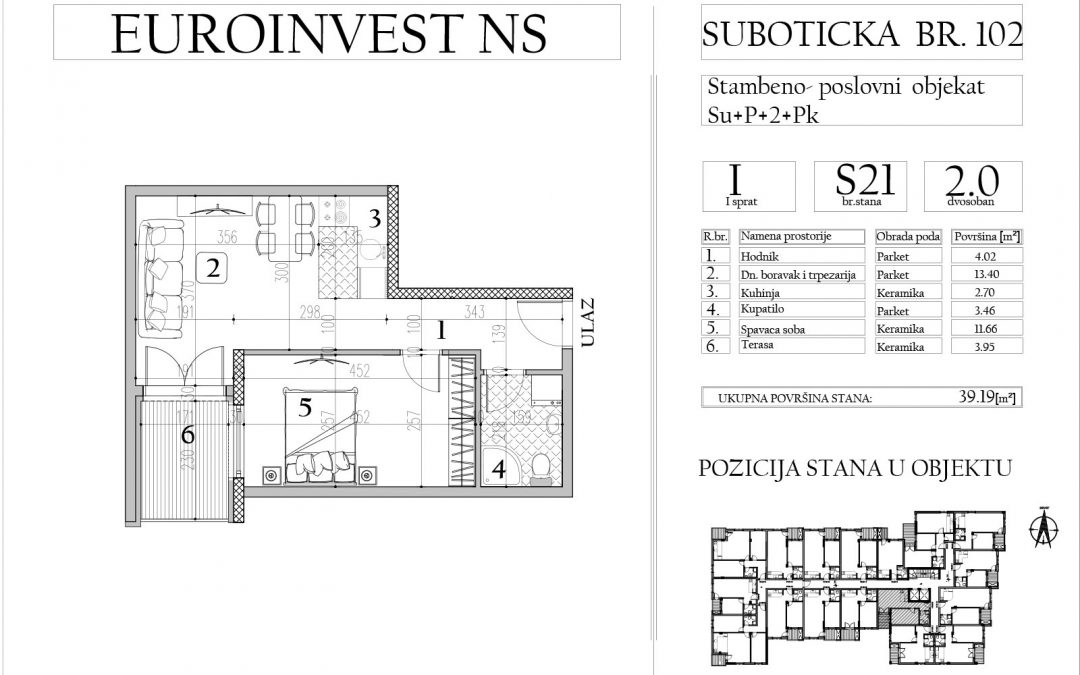 Stan 21 – dvosoban, 39,19m2 – cena 1.700,00-EURA/m2 sa uračunatim PDV-om