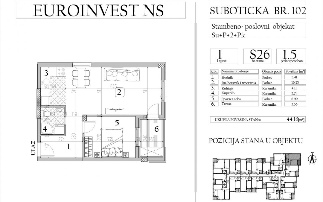 Stan 26 – jednoiposoban, 45,45m2 – kontakt telefon 064/80-89-784