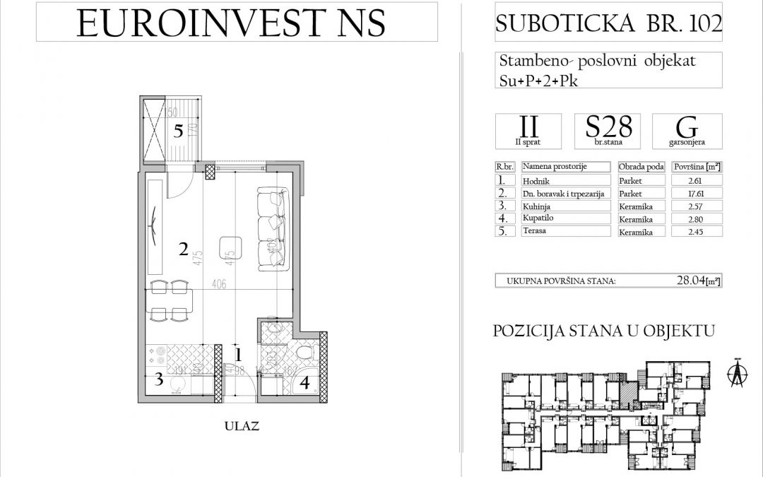 Stan 28 – garsonjera, 28,04m2 – cena 1.800,00-EURA/m2 sa uračunatim PDV-om