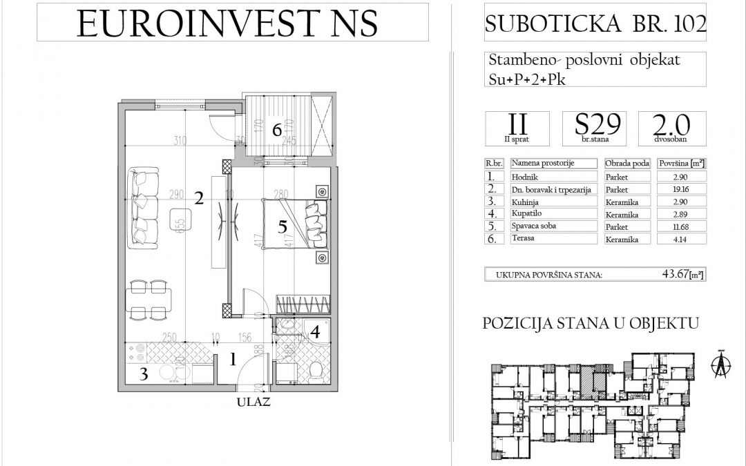 Stan 29 – dvosoban, 43,67m2 – cena 1.750,00-EURA/m2 sa uračunatim PDV-om