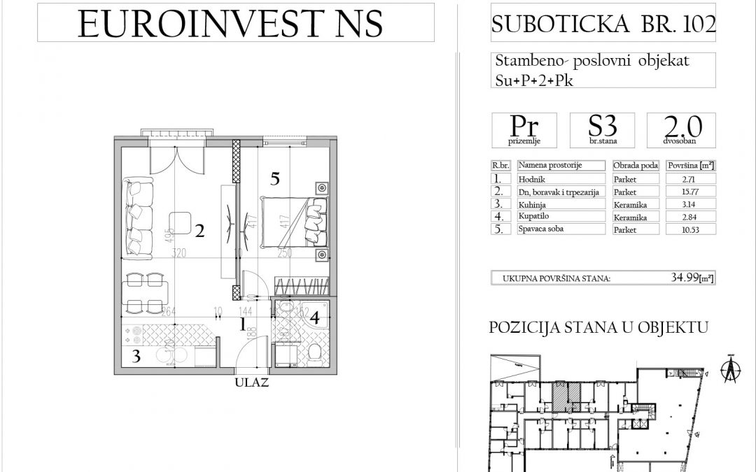 Stan 3 – dvosoban, 34,99m2 – cena 1.800,00-EURA/m2 sa uračunatim PDV-om