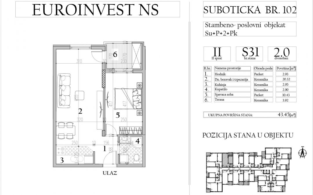 Stan 31 – dvosoban, 43,45m2 – cena 1.800,00-EURA/m2 sa uračunatim PDV-om