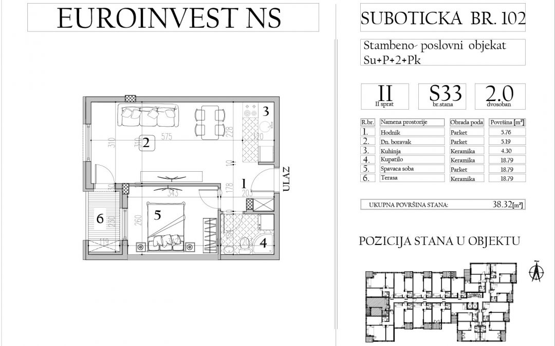 Stan 33 – dvosoban, 38,32m2 – cena 1.750,00-EURA/m2 sa uračunatim PDV-om