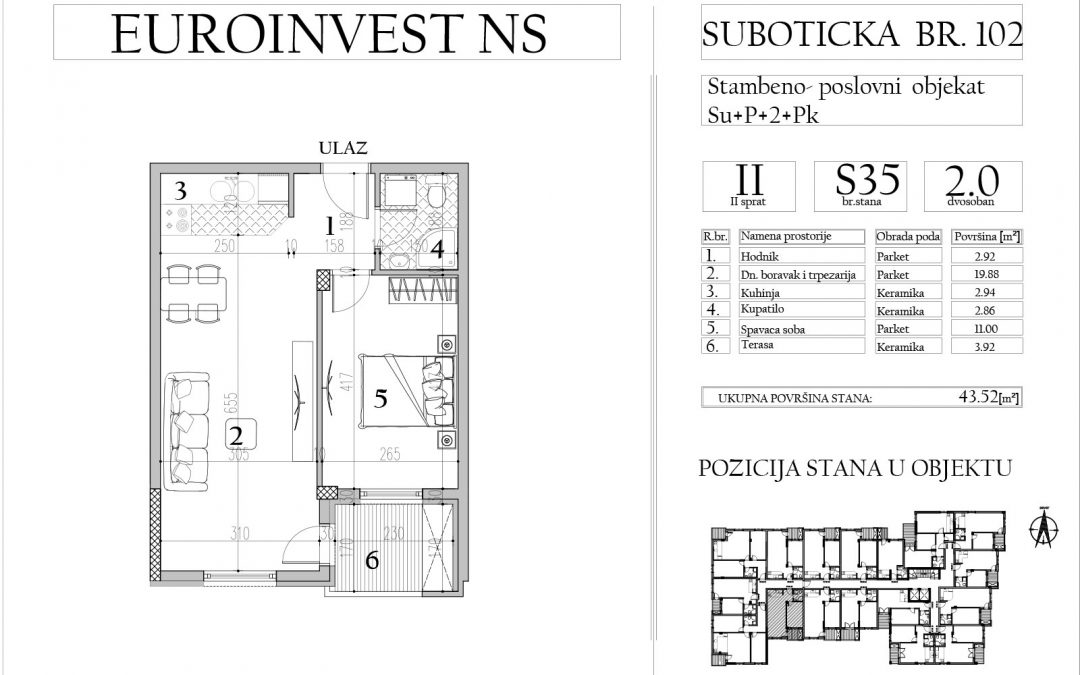 Stan 35 – dvosoban, 43,52m2 – cena 2.050,00-EURA/m2 sa uračunatim PDV-om