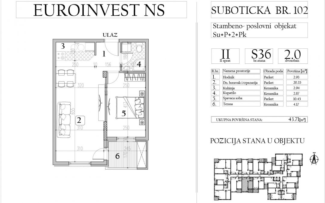 Stan 36 – dvosoban, 43,71m2 – cena 2.000,00-EURA/m2 sa uračunatim PDV-om