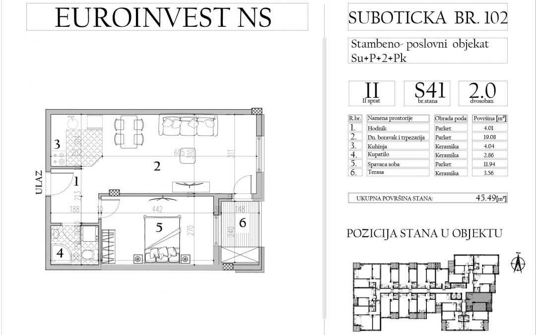 Stan 41 – dvosoban, 45,49m2 – cena 1.900,00-EURA/m2 sa uračunatim PDV-om