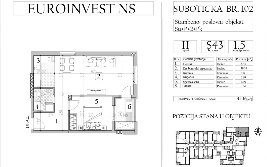 Stan 43 – jednoiposoban, 44,16m2 – cena 2.150,00-EURA/m2 sa uračunatim PDV-om