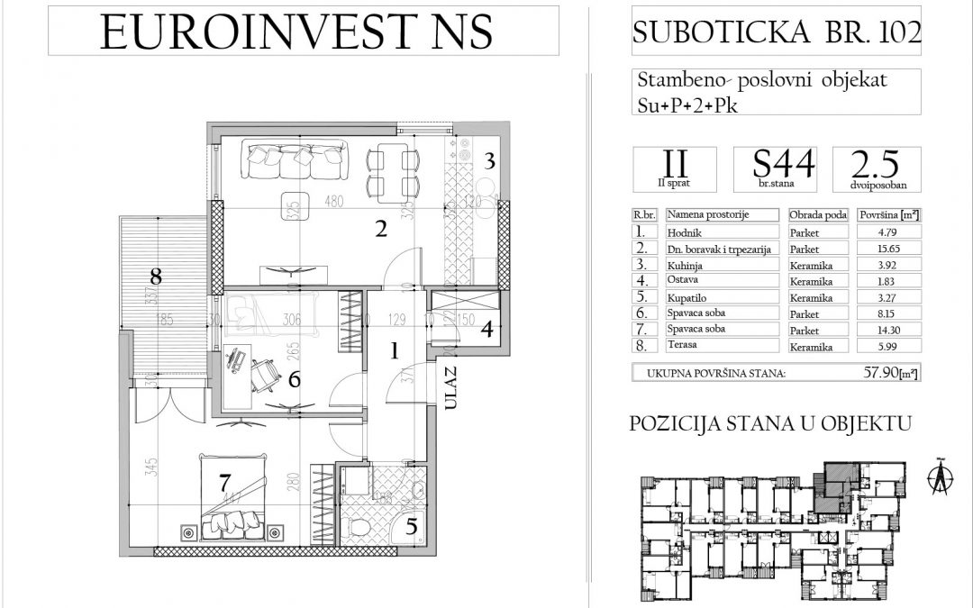 Stan 44 – dvoiposoban, 57,90m2 – cena 1.650,00-EURA/m2 sa uračunatim PDV-om