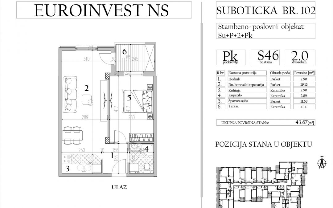 Stan 46 – dvosoban, 43,67m2 – cena 1.700,00-EURA/m2 sa uračunatim PDV-om