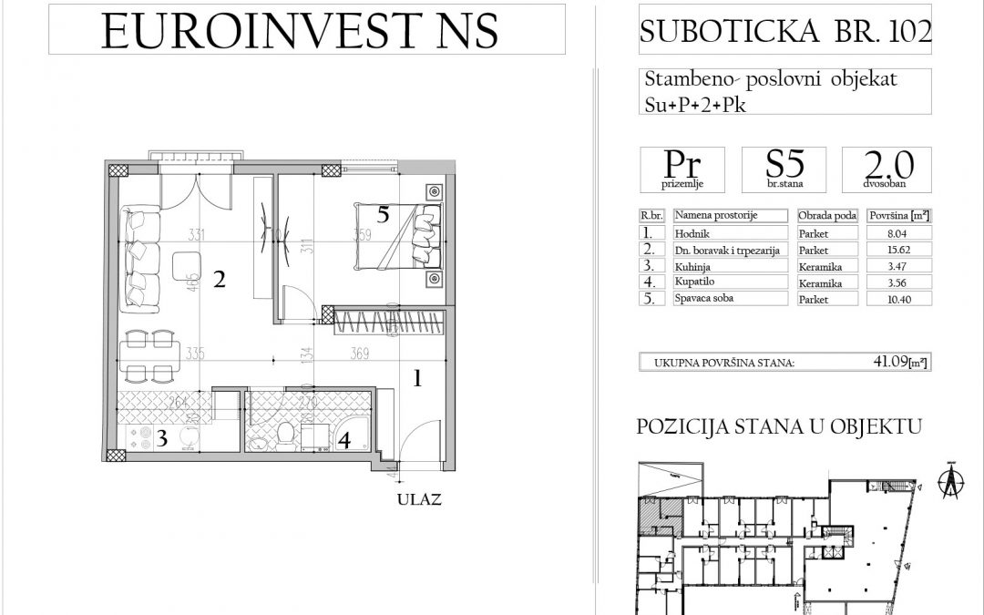 Stan 5 – dvosoban, 41,09m2 – cena 1.800,00-EURA/m2 sa uračunatim PDV-om