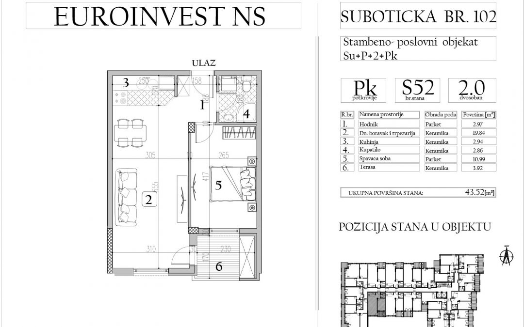 Stan 52 – dvosoban, 43,52m2 – cena 1.700,00-EURA/m2 sa uračunatim PDV-om