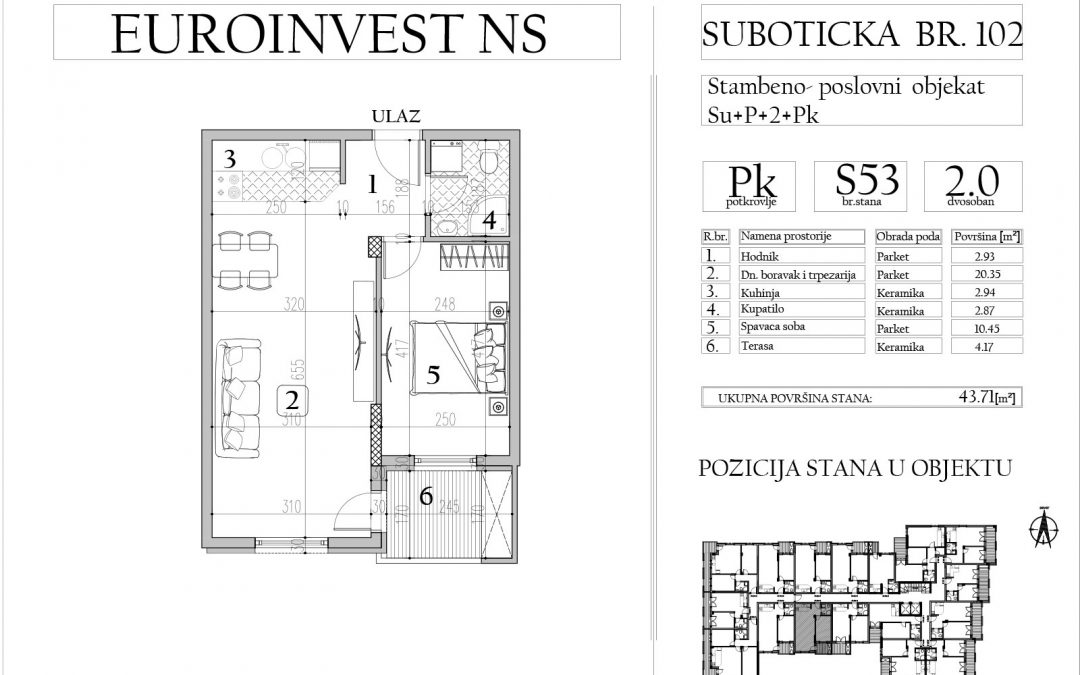 Stan 53 – dvosoban, 43,71m2 – cena 1.700,00-EURA/m2 sa uračunatim PDV-om