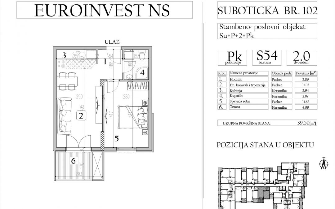 Stan 54 – dvosoban, 39,50m2 – cena 1.800,00-EURA/m2 sa uračunatim PDV-om