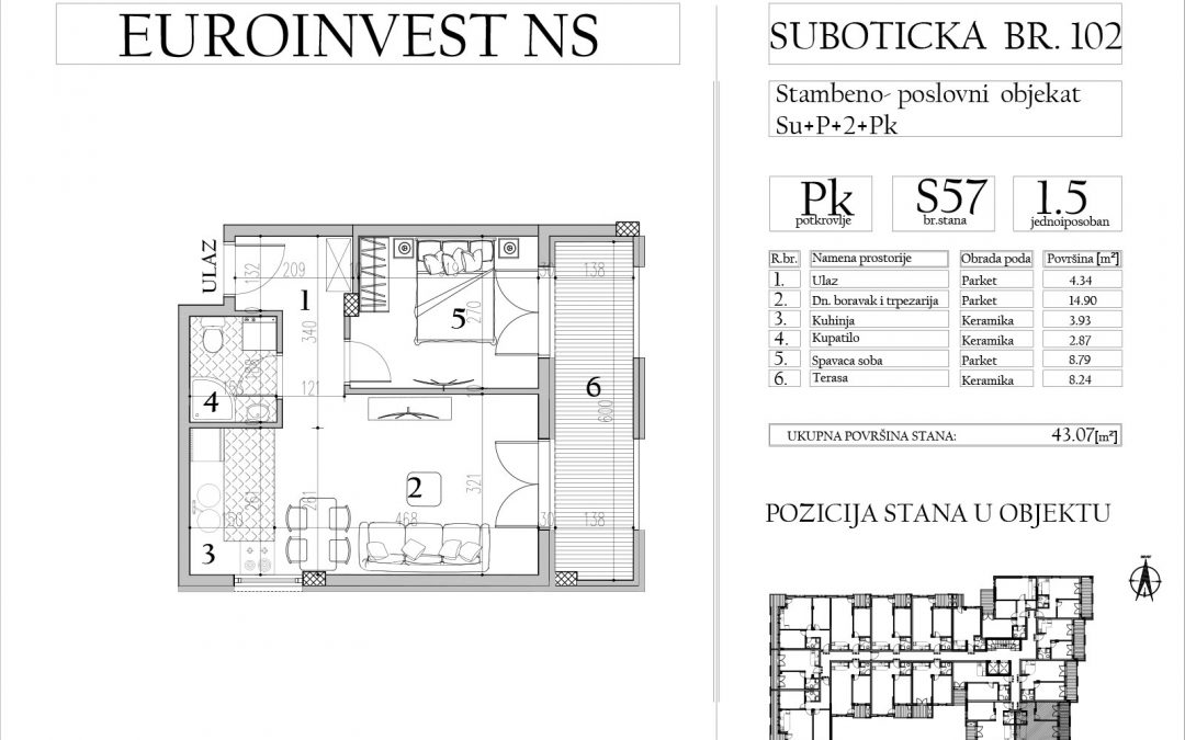 Stan 57 – jednoiposoban, 43,07m2 – cena 1.750,00-EURA/m2 sa uračunatim PDV-om