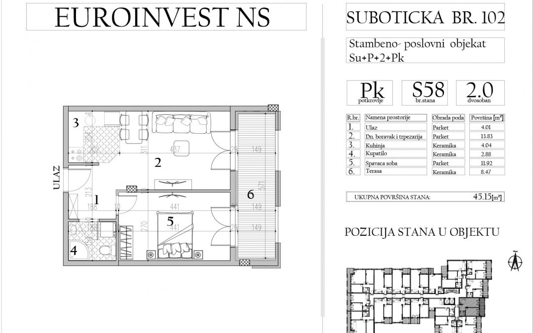 Stan 58 – dvosoban, 45,84m2 – cena 2.600,00-EURA/m2 sa uračunatim PDV-om