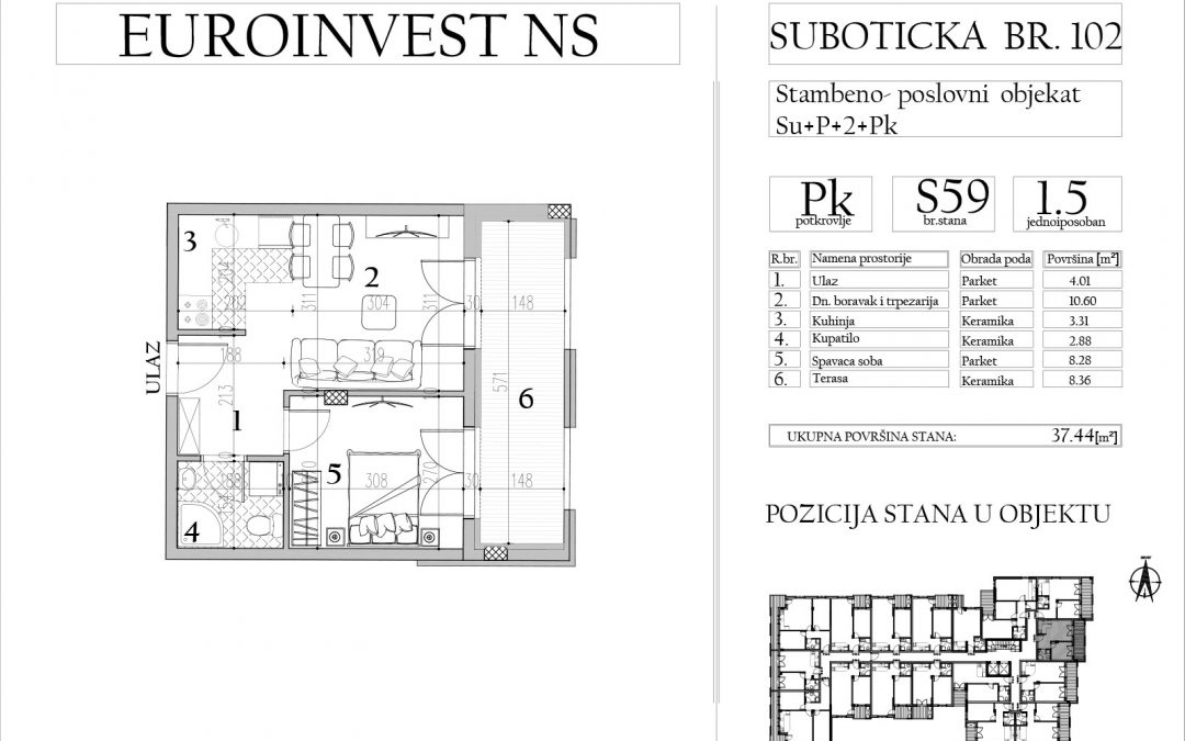 Stan 59 – jednoiposoban, 37,44m2 – cena 1.750,00-EURA/m2 sa uračunatim PDV-om