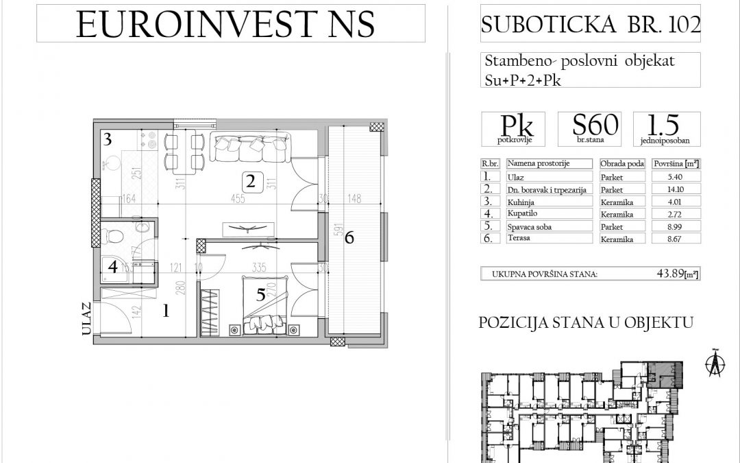 Stan 60 – jednoiposoban, 45,22m2 – cena 2.600,00-EURA/m2 sa uračunatim PDV-om