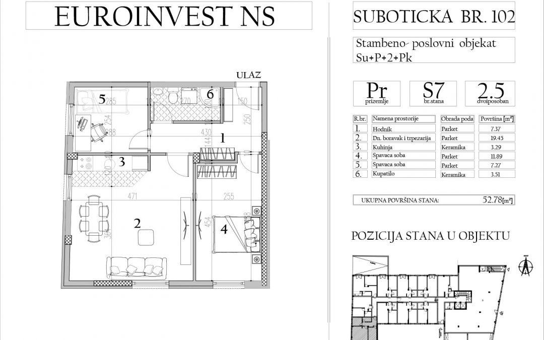 Stan 7 – dvoiposoban, 52,78m2 – cena 1.700,00-EURA/m2 sa uračunatim PDV-om