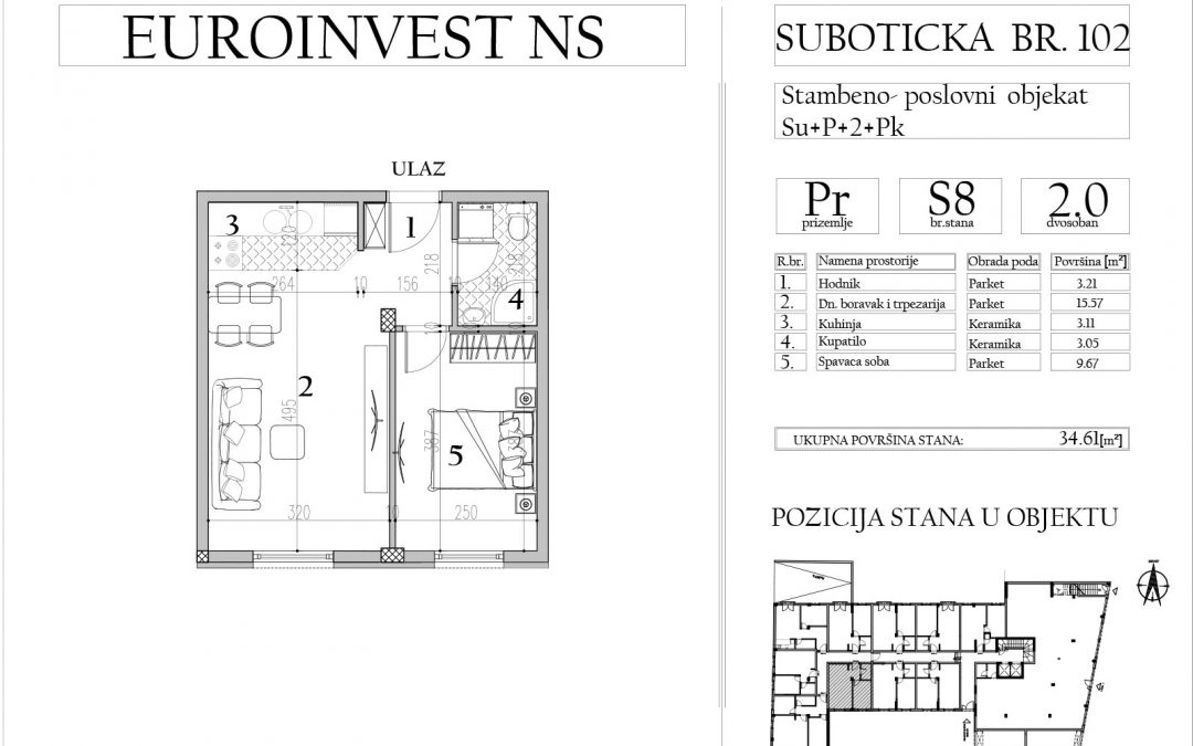 Stan 8 – dvosoban, 34,61m2 – cena 1.750,00-EURA/m2 sa uračunatim PDV-om