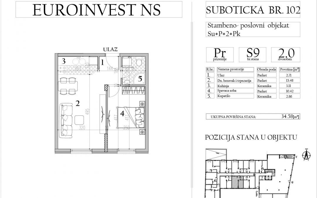 Stan 9 – dvosoban, 34,58m2 – cena 1.750,00-EURA/m2 sa uračunatim PDV-om