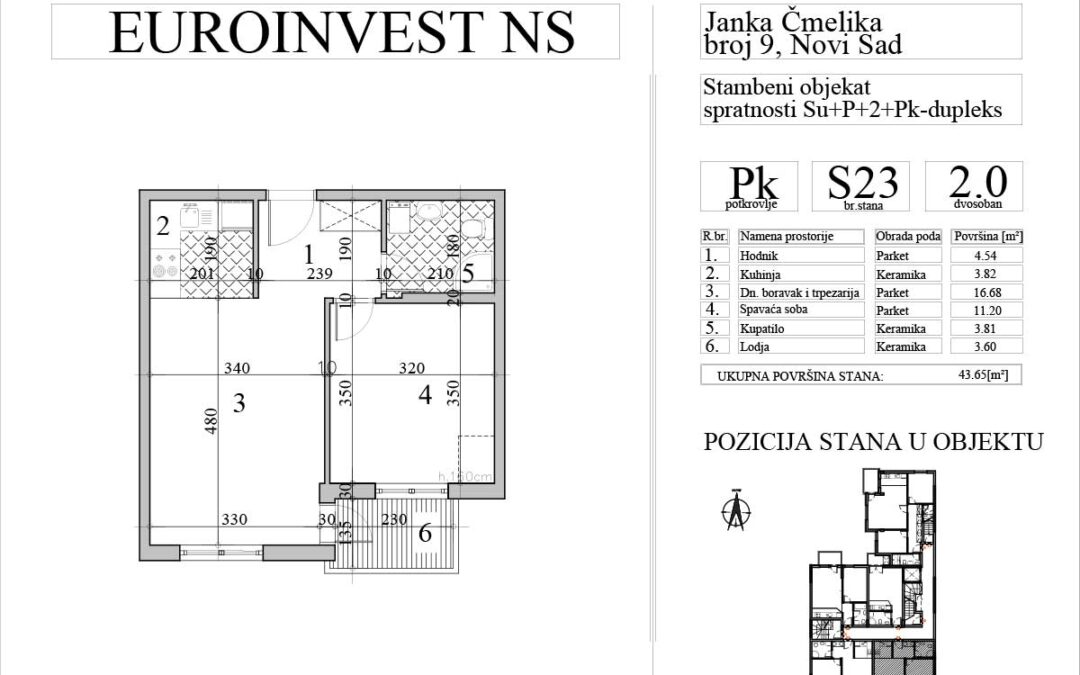 Stan 23 – dvosoban, 42,65m2 – cena 3.000,00-EURA/m2 sa uračunatim PDV-om