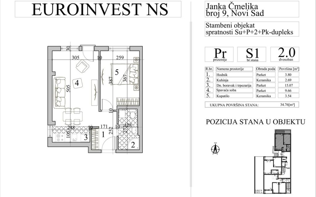 Stan 1 – dvosoban, 34,76m2 – cena 3.000,00-EURA/m2 sa uračunatim PDV-om