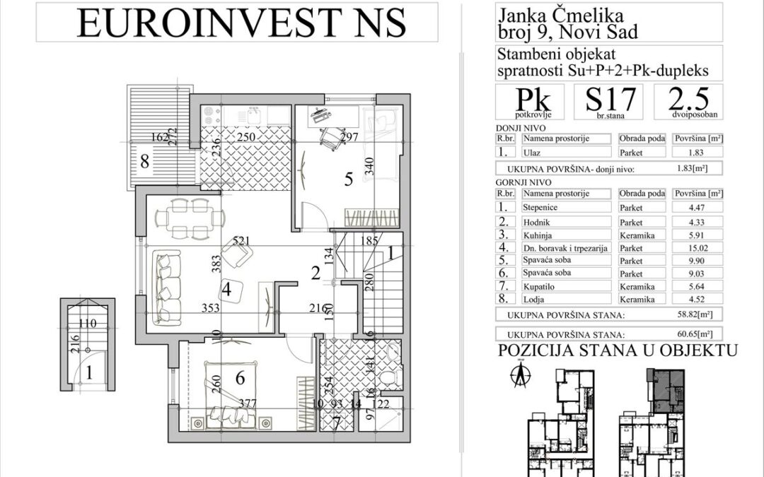 Stan 17 – dvoiposoban, 60,65m2 – cena 2.800,00-EURA/m2 sa uračunatim PDV-om