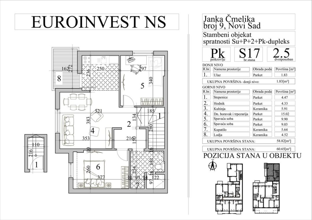 Stan 17 – dvoiposoban, 60,65m2 – cena 2.800,00-EURA/m2 sa uračunatim PDV-om