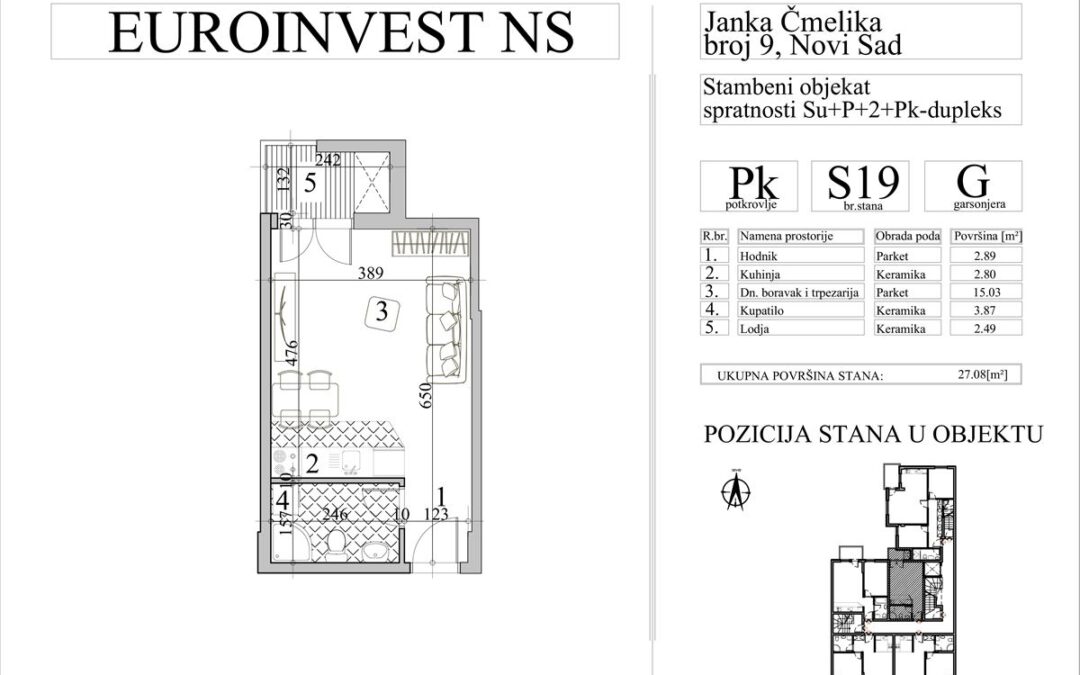 Stan 19 – garsonjera, 27,08m2 – cena 3.000,00-EURA/m2 sa uračunatim PDV-om