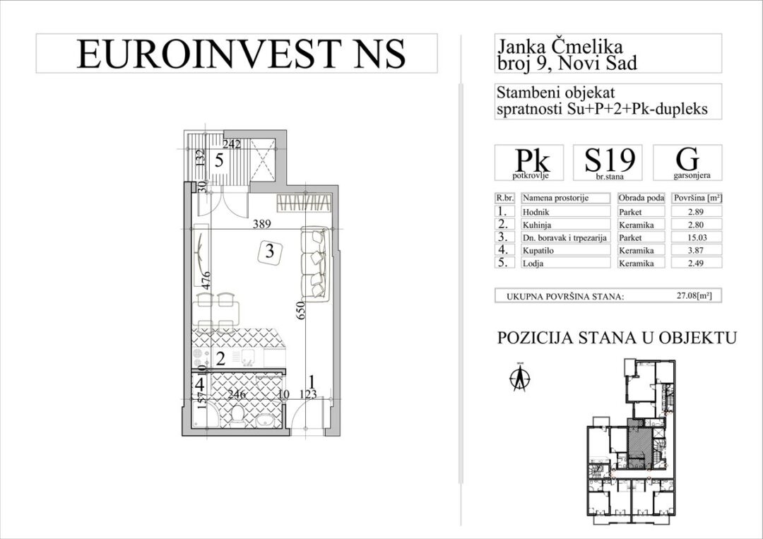 Stan 19 – garsonjera, 27,08m2 – cena 3.000,00-EURA/m2 sa uračunatim PDV-om