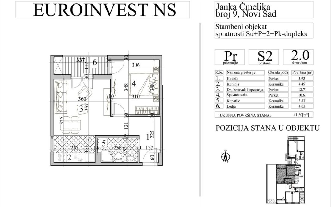 Stan 2 – dvosoban, 41,60m2 – cena 2.900,00-EURA/m2 sa uračunatim PDV-om