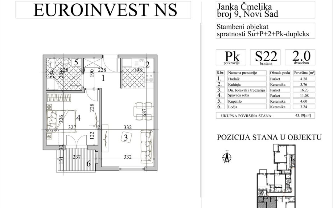 Stan 22 – dvosoban, 43,19m2 – cena 3.000,00-EURA/m2 sa uračunatim PDV-om