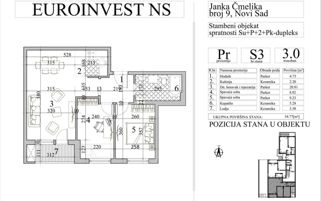 Stan 3 – trosoban, 54,77m2 – cena 2.800,00-EURA/m2 sa uračunatim PDV-om