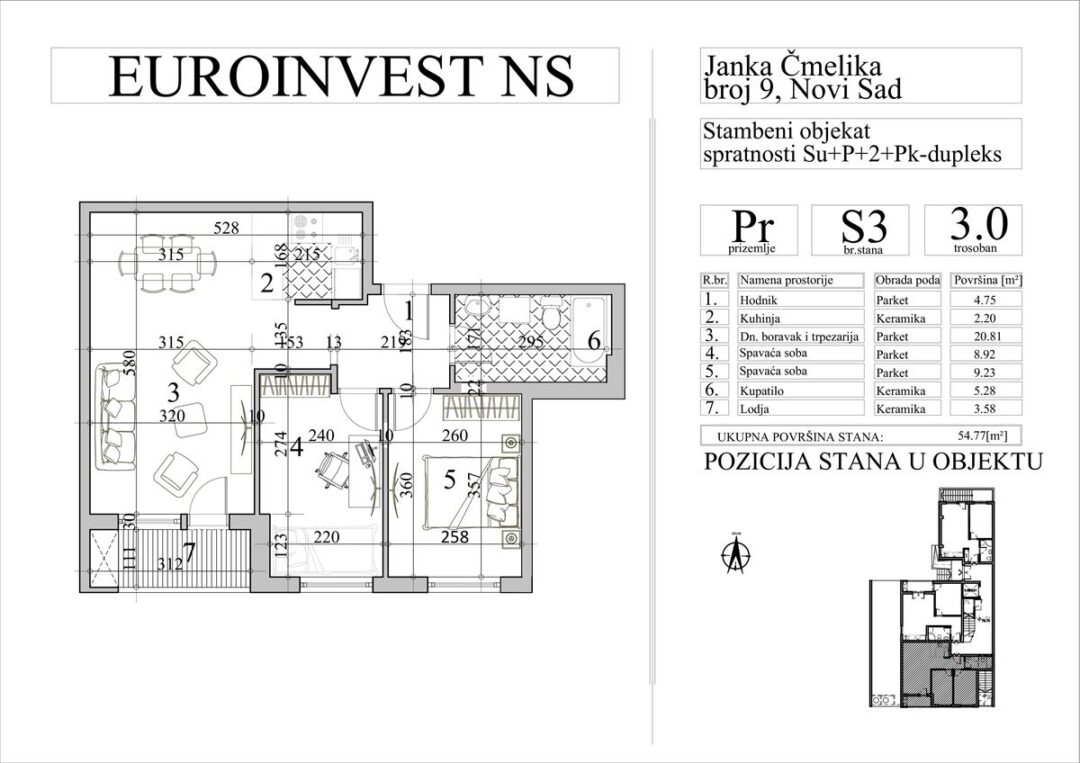 Stan 3 – trosoban, 54,77m2 – cena 2.800,00-EURA/m2 sa uračunatim PDV-om