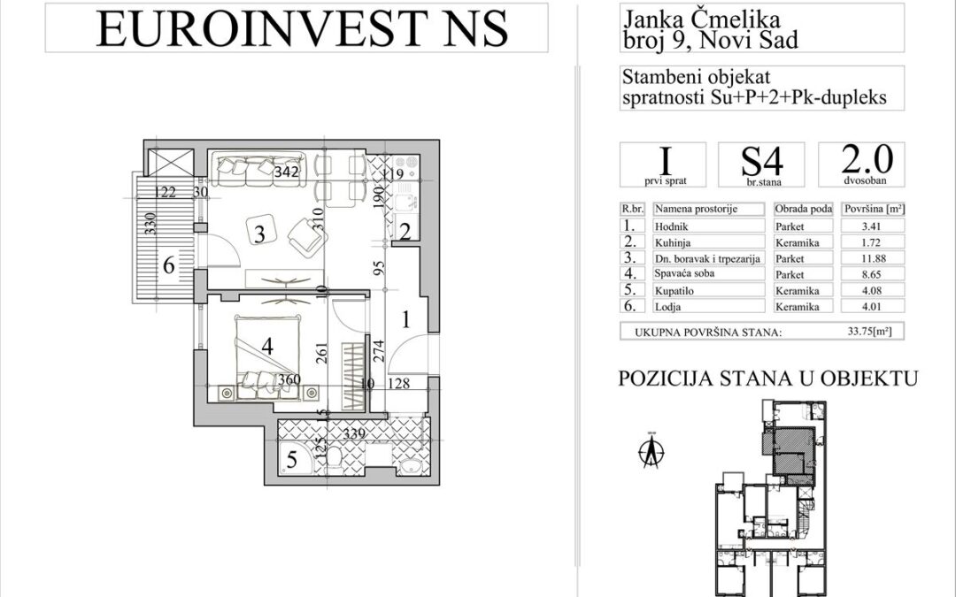 Stan 4 – dvosoban, 33,75m2 – cena 3.000,00-EURA/m2 sa uračunatim PDV-om