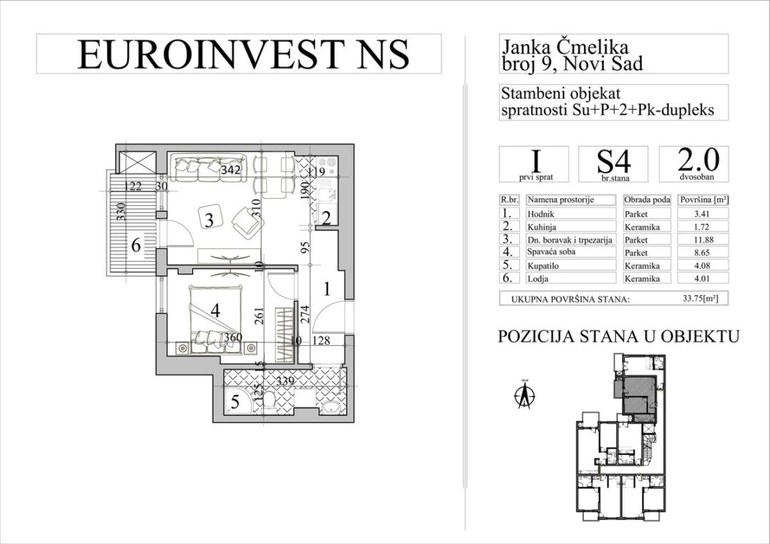 Stan 4 – dvosoban, 33,75m2 – cena 3.000,00-EURA/m2 sa uračunatim PDV-om