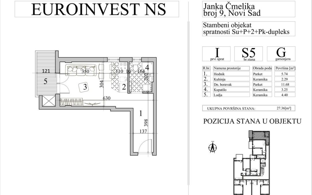 Stan 5 – garsonjera, 27,36m2 – cena 3.000,00-EURA/m2 sa uračunatim PDV-om