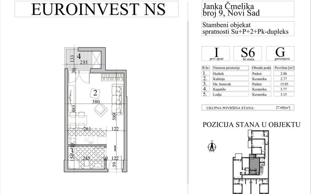 Stan 6 – garsonjera, 27,60m2 – cena 3.000,00-EURA/m2 sa uračunatim PDV-om