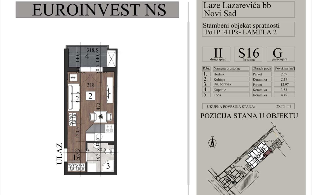 Stan 16, garsonjera, 25,75m2 – cena 2.800,00-EURA/m2 sa uračunatim PDV-om