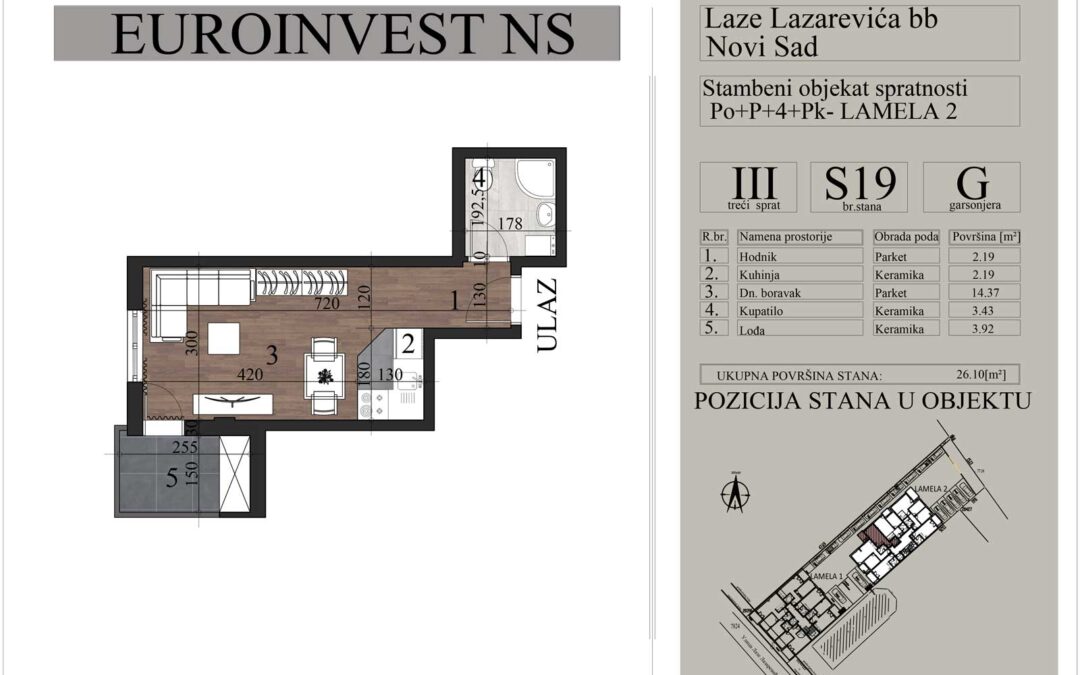 Stan 19, garsonjera, 26,10m2 – cena 2.800,00-EURA/m2 sa uračunatim PDV-om