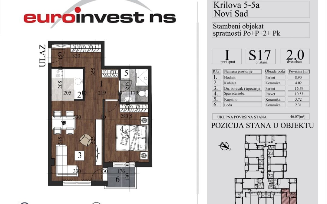 Stan 17, dvosoban, 46,07 m2 – cena 3.400,00-EURA/m2 sa uračunatim PDV-om