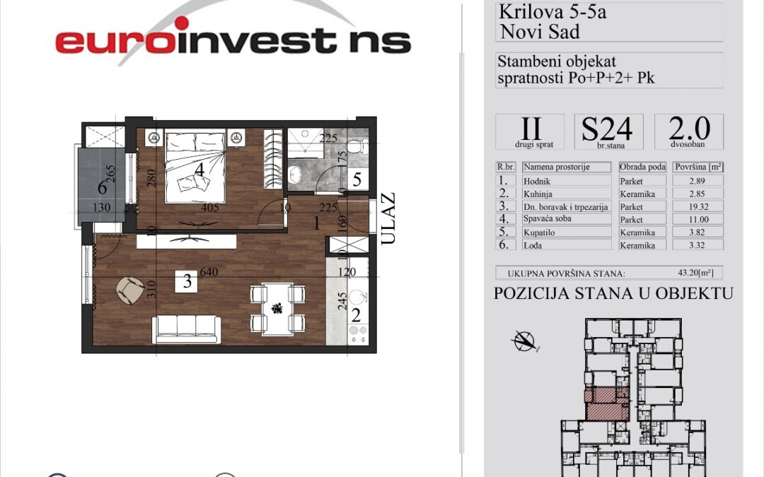 Stan 24, dvosoban, 43,20 m2 – cena 3.350,00-EURA/m2 sa uračunatim PDV-om