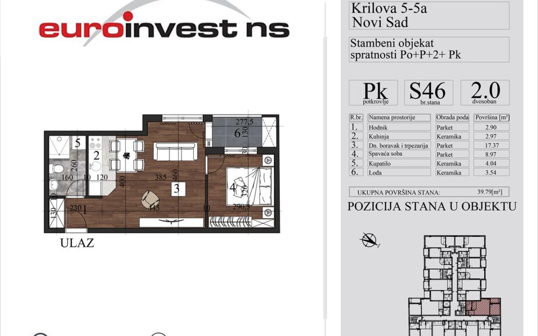 Stan 46, dvosoban, 39,79 m2 – cena 3.200,00-EURA/m2 sa uračunatim PDV-om
